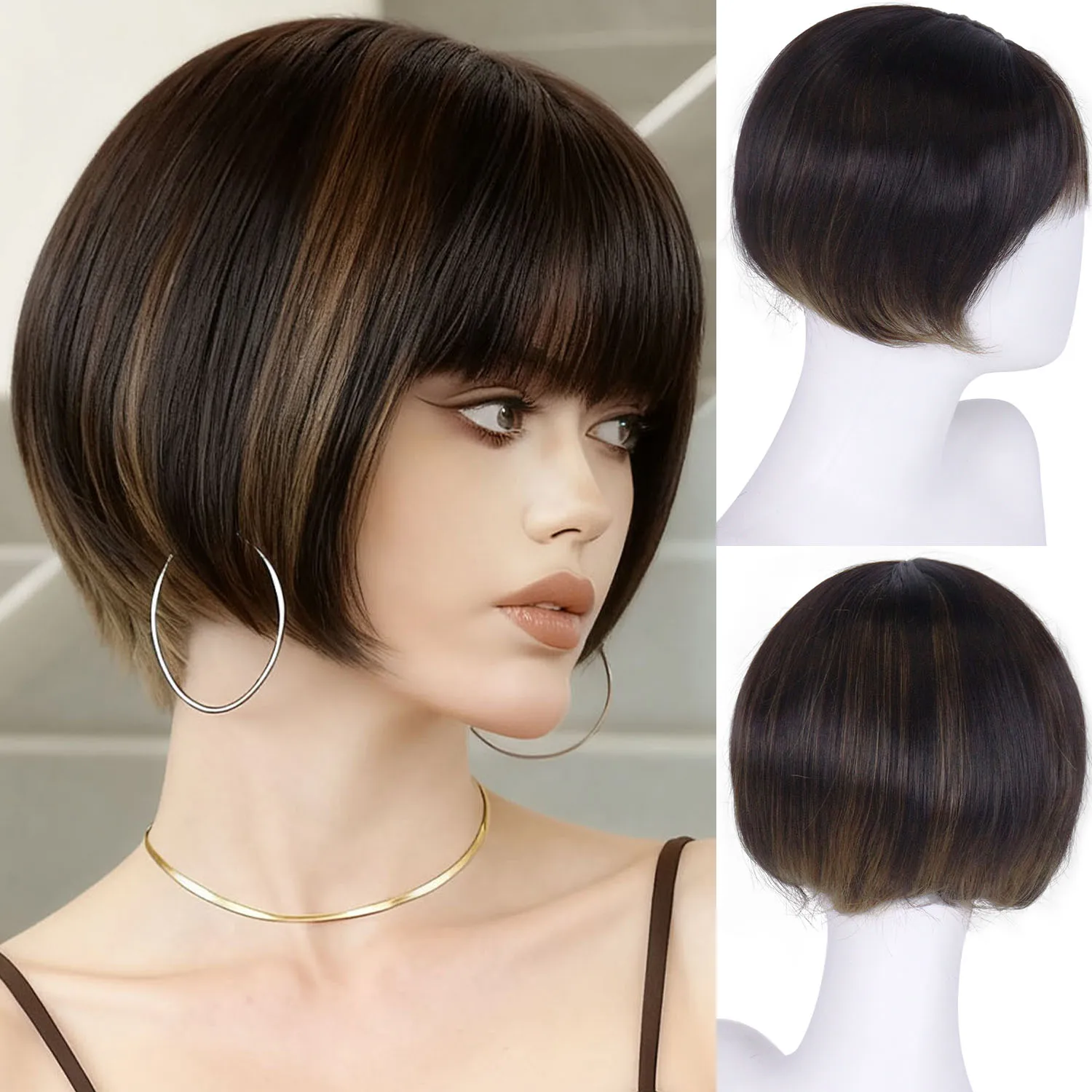 

Short Bob Wig with Bangs Synthetic Brown with Blonde Highlight Wigs for Women Lady Natural Hairstyle Mixed Wig Clearance Sale