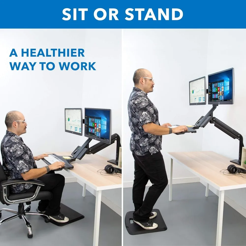 Mount-It! Dual Monitor Sit Stand Workstation with Gas Spring Arm | Height Adjustable Standing Desk Converter | 2 Integrated USB