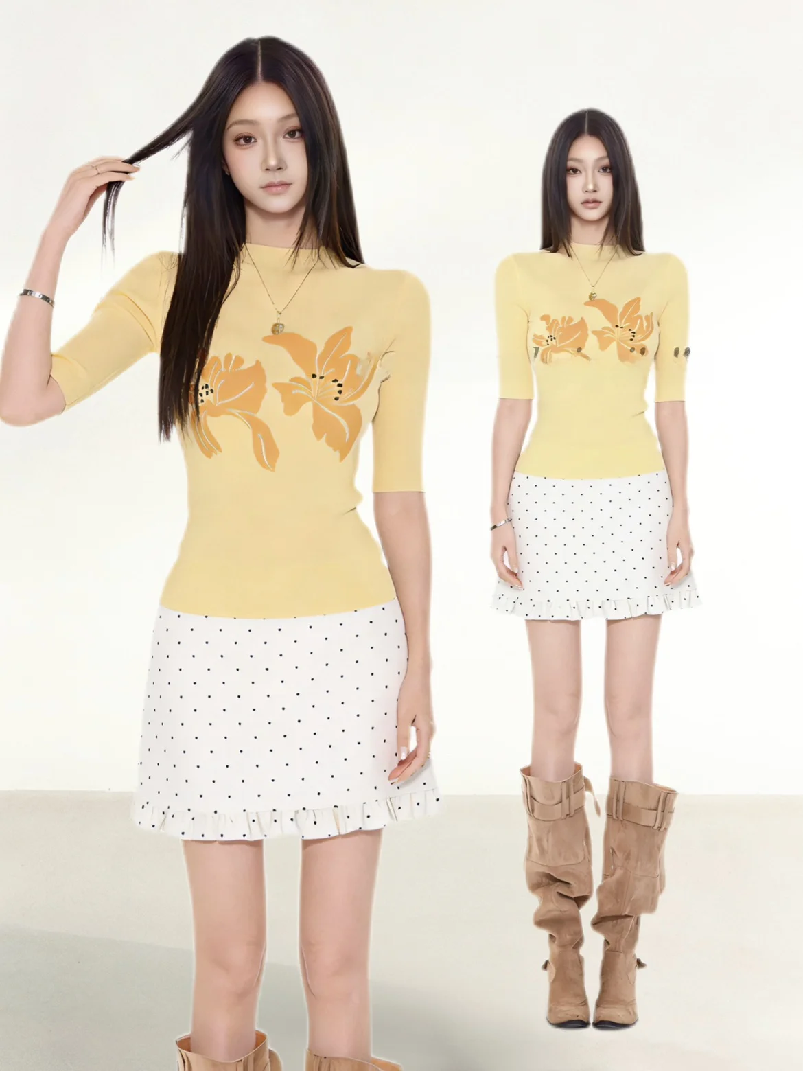 

Korean Style Dopaamine Flower Half Sleeve Top And Polka Dot Bud Short Skirt Set Elegant Summer Fashion Women's Ensemble