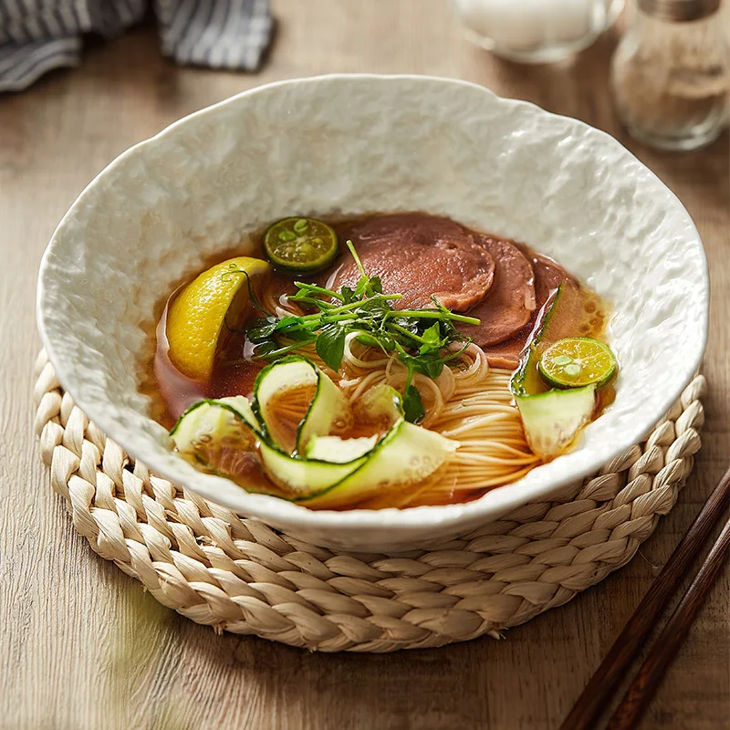 

Rock grain soup bowl, household bamboo hat salad bowl, creative ceramic instant noodle bowl,