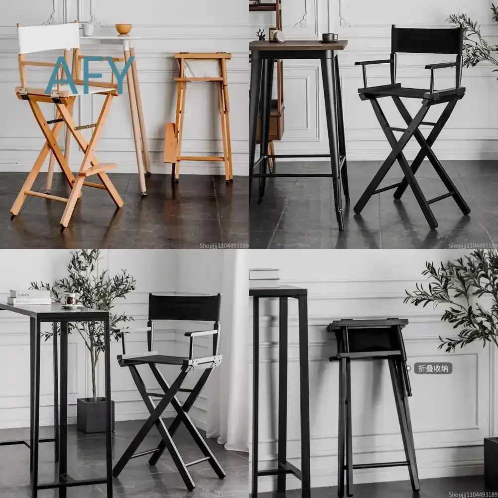 Foldable Solid Wood Bar Stool Chair for Outdoor Camping Beach Garden Space Saving Furniture High Back Canvas Chair for Adults