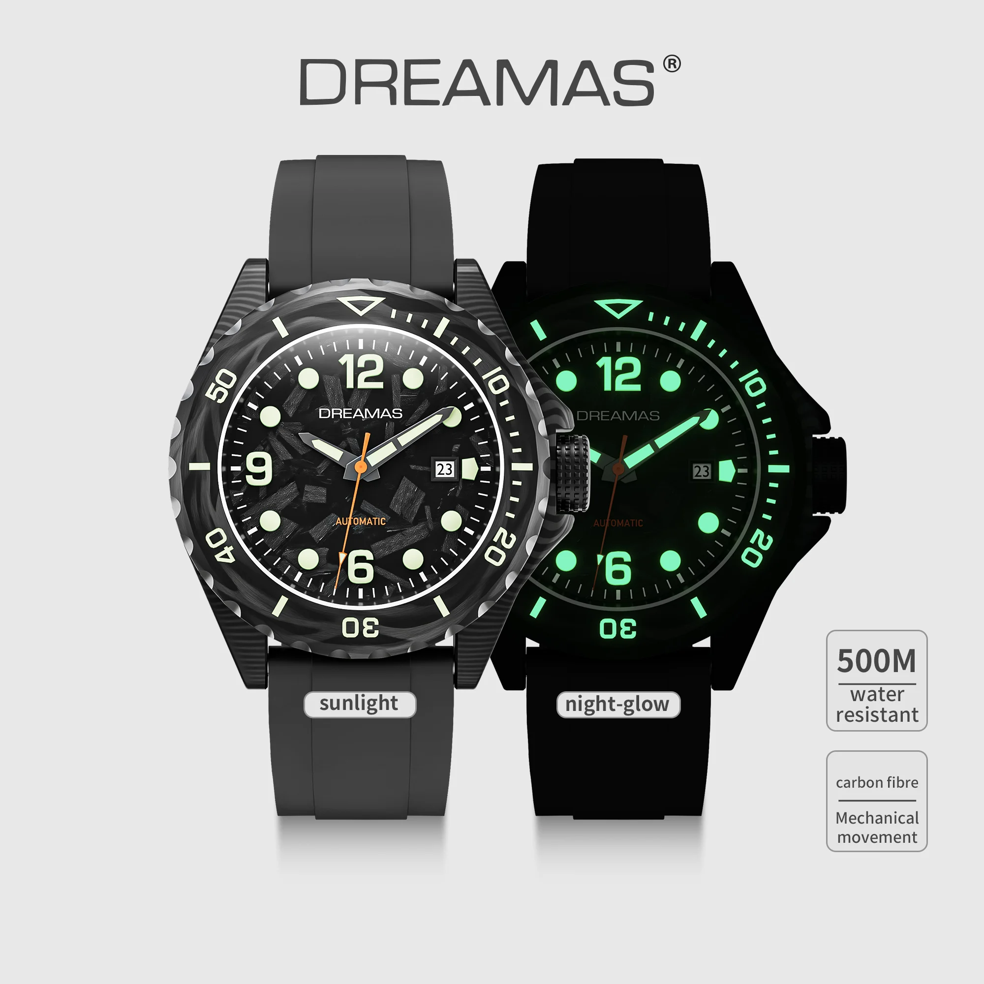 DREAMAS Herren-Taucheruhr aus Kohlefaser, automatische mechanische Taucheruhr, 500 m wasserdicht, Schweizer 3D-Leucht-Sport-Armbanduhr – Detail 3