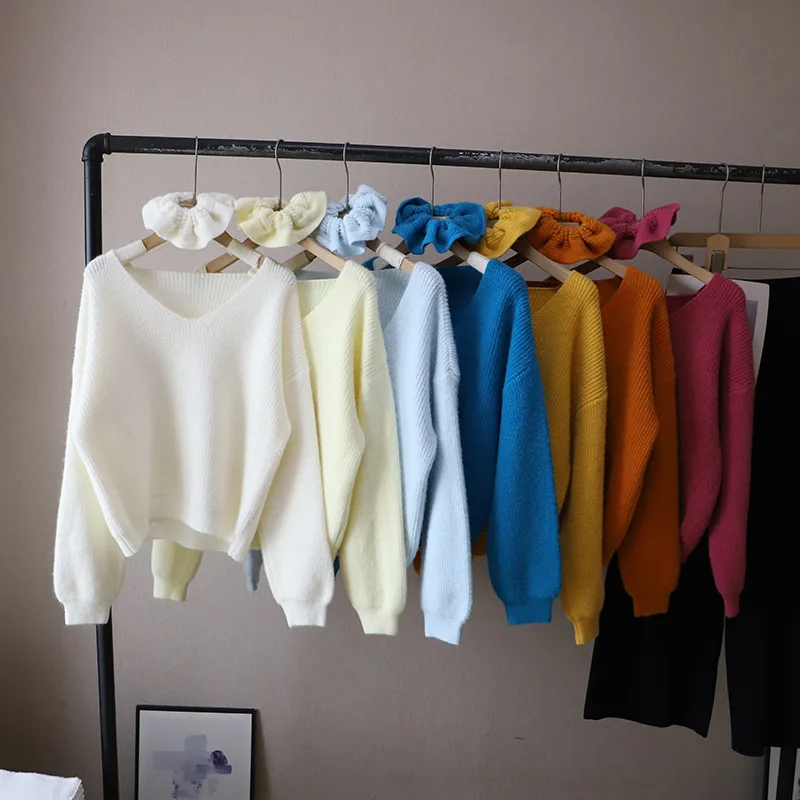 Loose Long Sve V-Ne Sweater Women's Autumn Winter Lazy Sle Korean System Knitted Top Loose Slimming Soft Circle Hairband