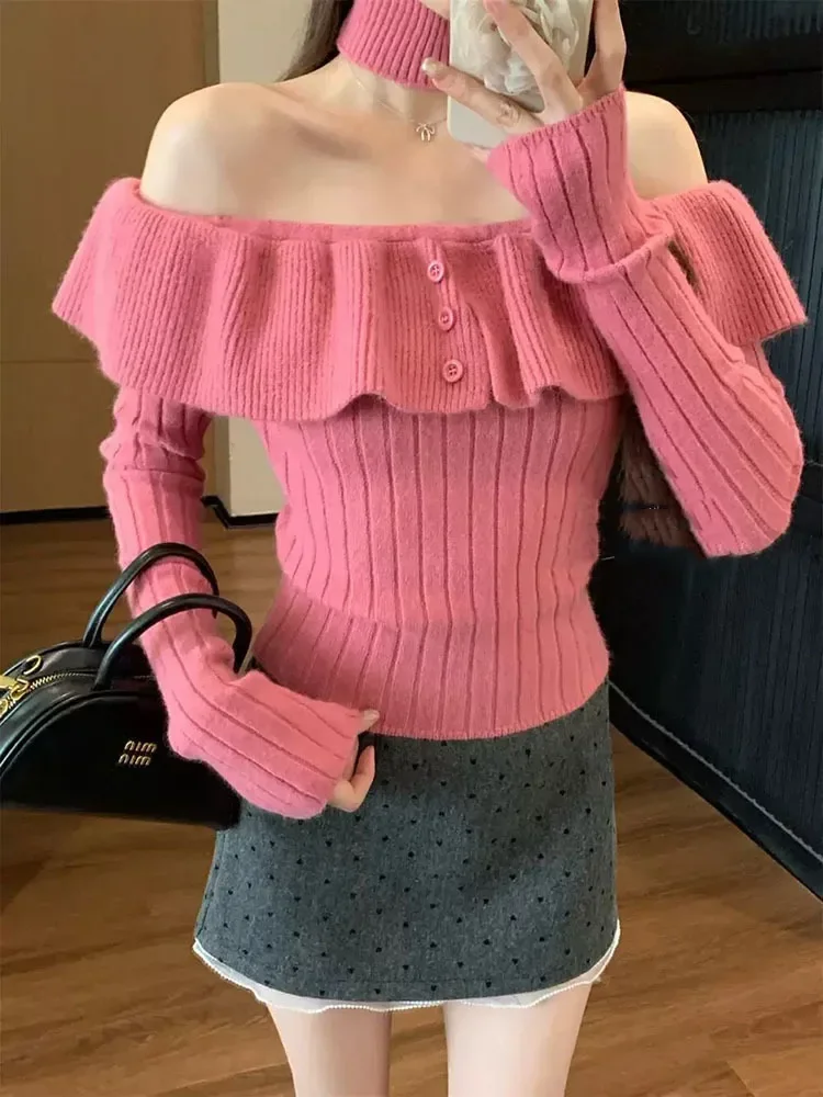 

Knitwear 2000s Aesthetic Pullover Cozy Warm Jerseys Old Money Elegant Winter Women Korean Vintage Sweater Off Shoulder