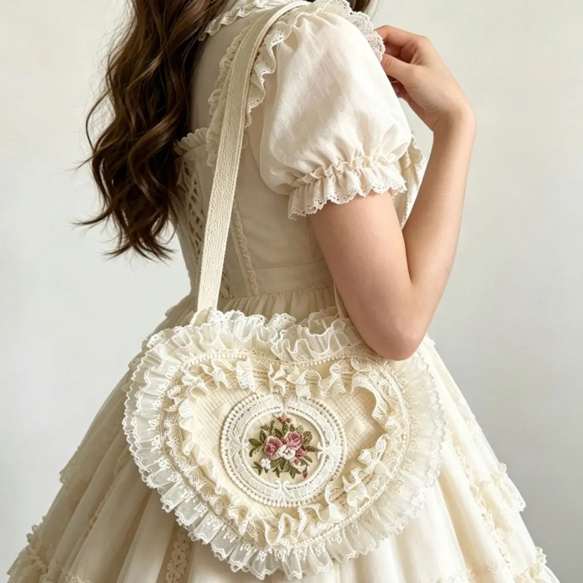 Handmade Sweet Lolita Handbag Vintage Heart-shaped Embroidered Lace Messenger Bag Victorian Shoulder Bag Suitable for Cos Wear