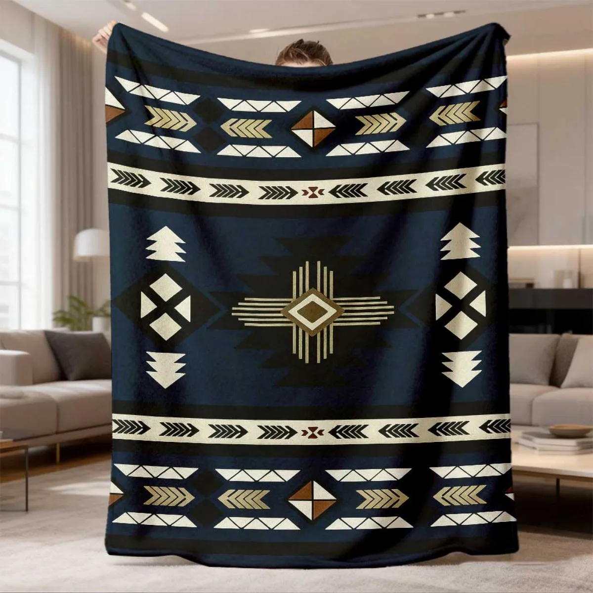 Dark Navy Native Aztec Geometric Pattern Flannel Throw Blanket, Soft Warm Sofa Cover, Western Decor Gift Bedroom Daily Rest Use