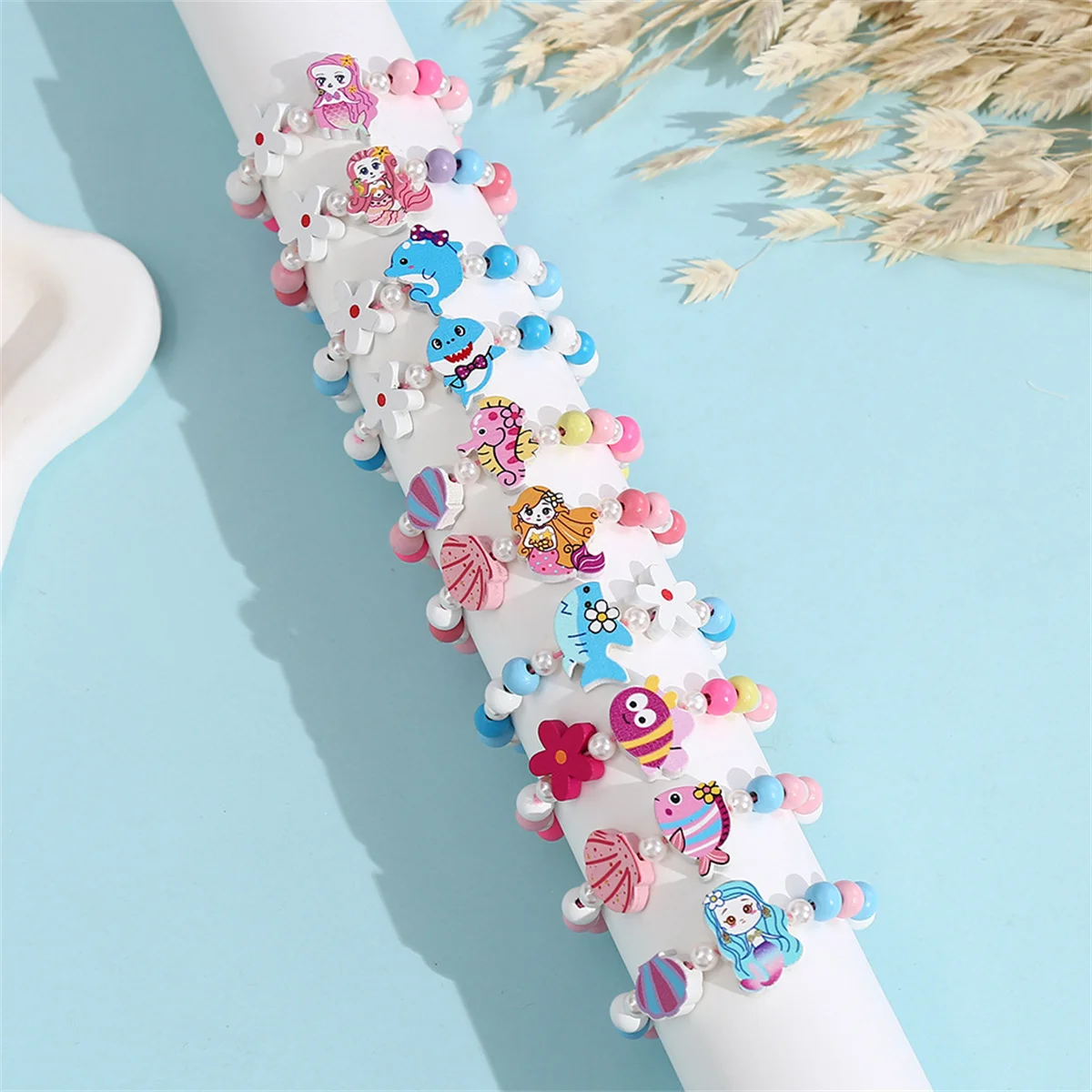 10Pcs/Pack Cartoon Children Wooden Beads Color Bracelet for Girl Birthday Party Favors Baby Shower Guest Gifts Pinata Fillers