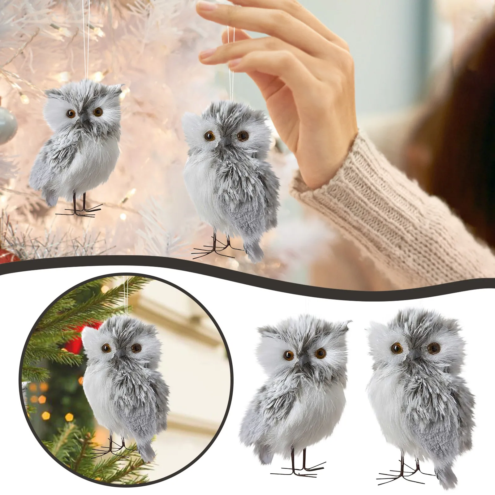 Christmas Owl Ornament Toy White Black Furry Plush Baby Owl Model Furry Cute Bird Christmas Ornament For Holiday Desktop Decor