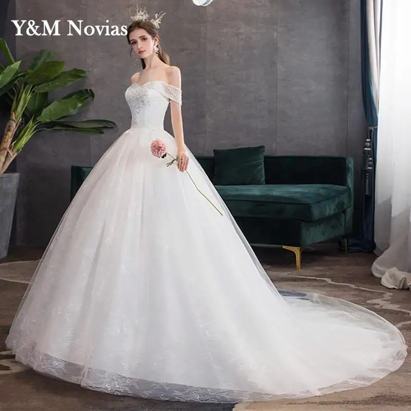 Y&m Wedding Dress 2023 New Elegant Boat Neck for Bride Off The Shoulder Princess Lace Embroidery Wedding Gown Vestidos De Novia