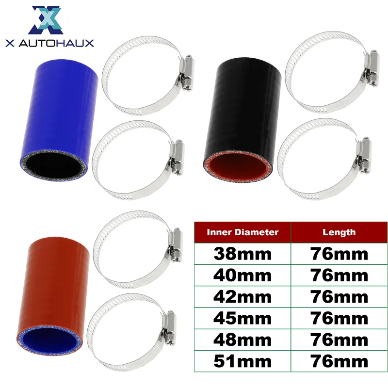X Autohaux Auto Universal Coolant Hose Tube Piping 38/40/42/45/48/51mm ID 76mm Length Straight Car Silicone Hose with Clamps