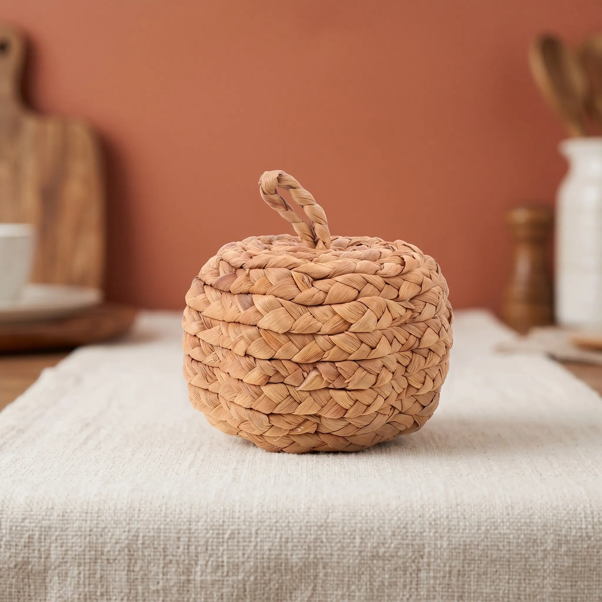 Handmade Wicker Rattan Pumpkin Autumn Fall Decor 5.3 Inch Rustic Thanksgiving Table Centerpiece Indoor Decorative Woven Pumpkin