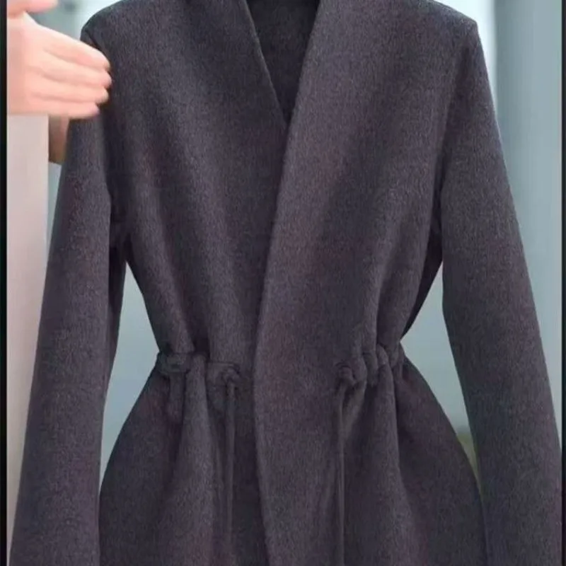 2026 Autumn New Double-sided Woolen Light and Simple Style Double-sided Velvet Long-sleeved Waist Lace-up Thin Woolen Coat Coat