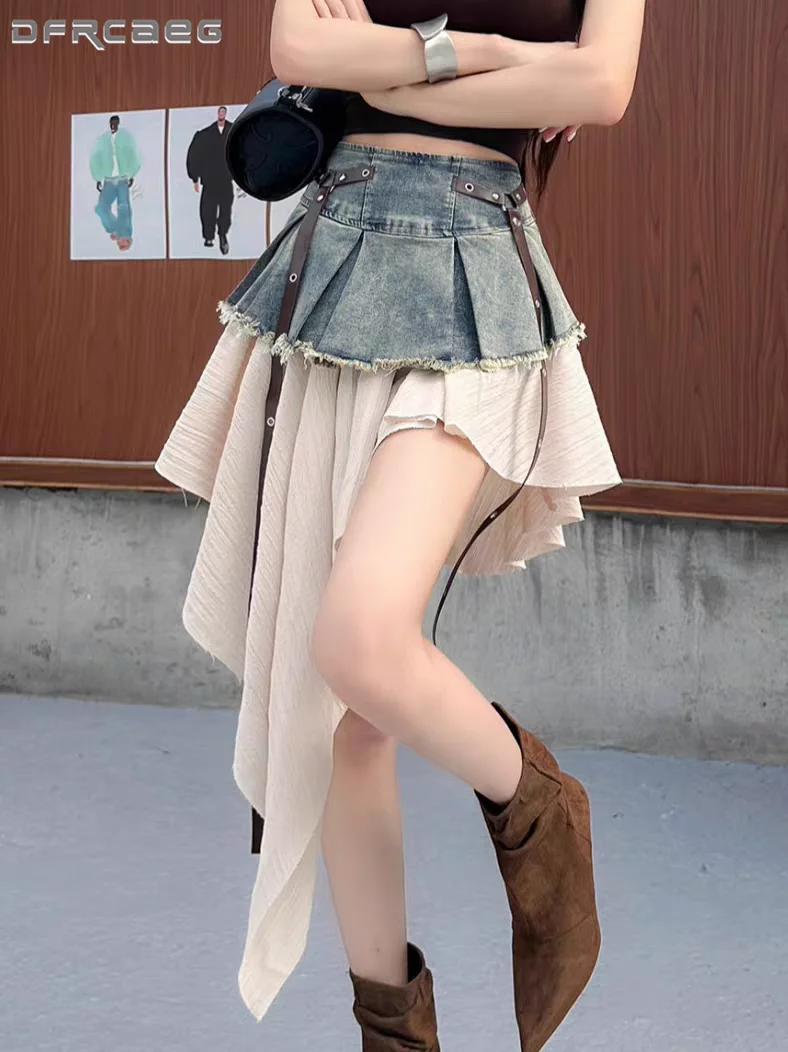 Denim Skirt Midi Vintage - Amerikan Vintage Tasarımcı Streç Patchwork Asimetrik