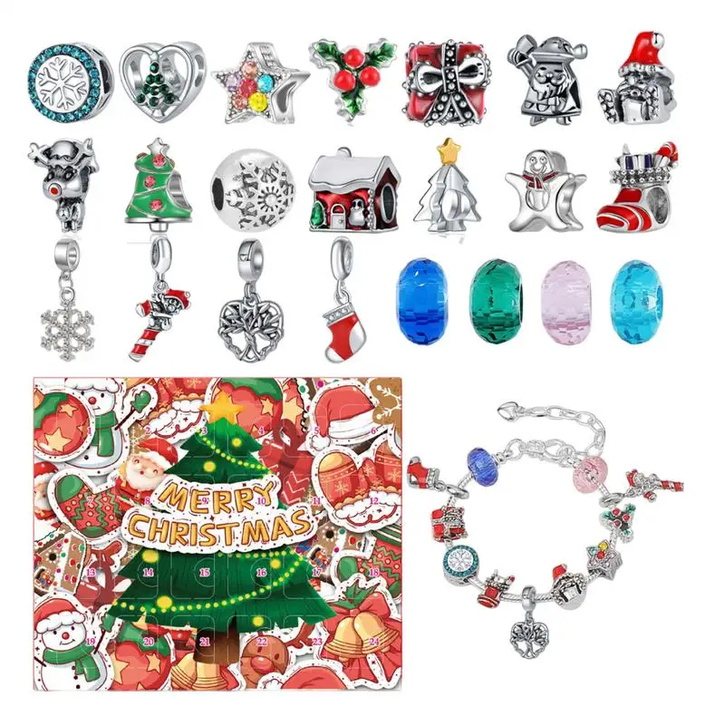 Christmas Advent Calendar Jewelry Set Bracelets 24 Days Christmas Countdown Calendar Gift Box Christmas Themed for Women Girls