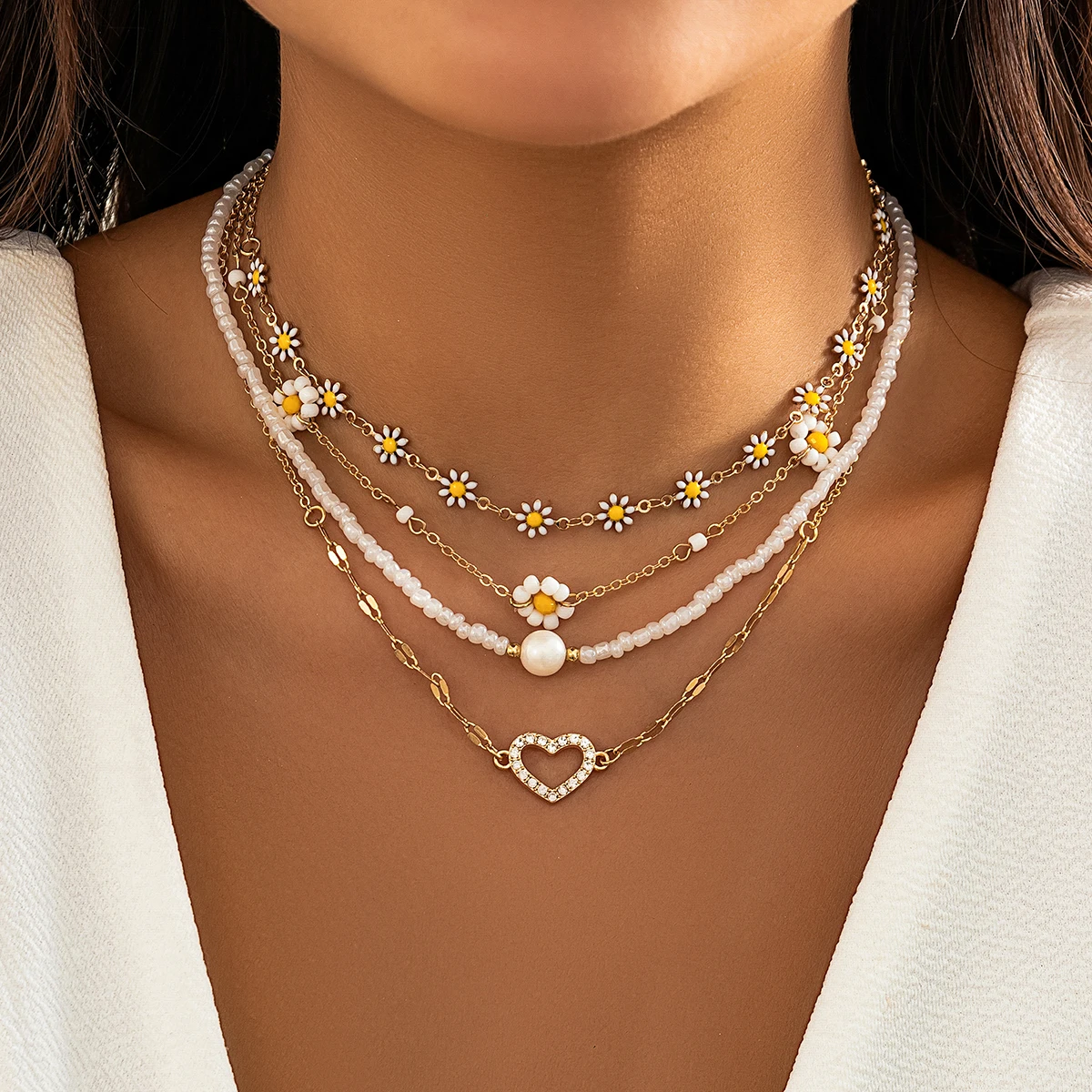 4Pcs Vintage Sunflower Flower Clavicle Chain Naszyjnik dla kobiet Kpop Rhinestone Love Heart Pendant Choker Estetyczna biżuteria Y2K