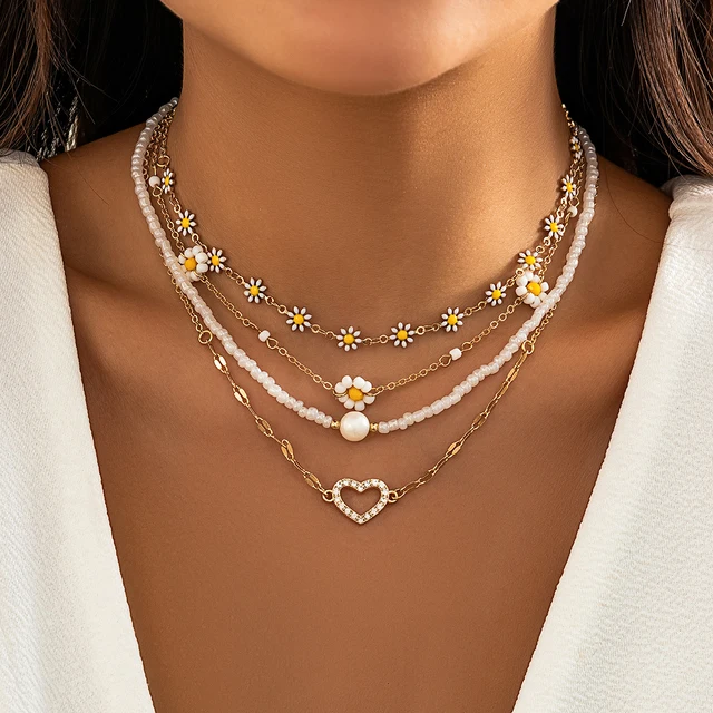 4Pcs Vintage Sunflower Flower Clavicle Chain Naszyjnik dla kobiet Kpop Rhinestone Love Heart Pendant Choker Estetyczna biżuteria Y2K