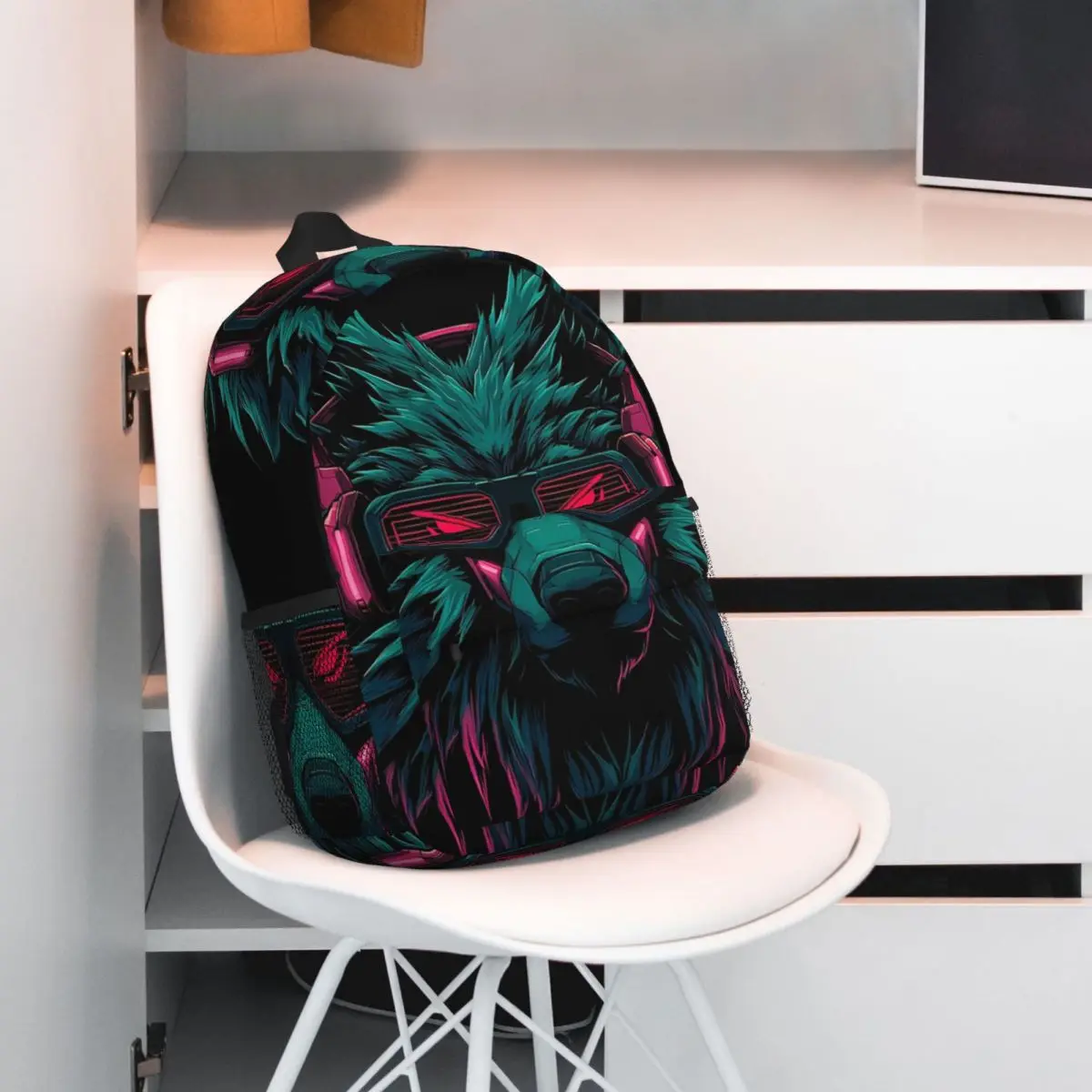Neon Graffiti Wolf With Headphone Backpack Student BookBag Kids School Bag Computer Shoulder Bags for Boys Girls