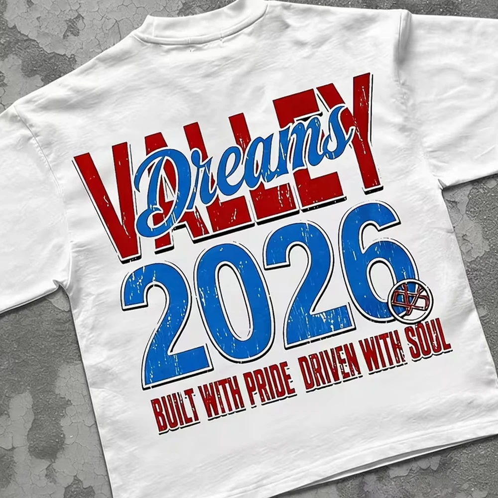 Dreams Valley Car Repair Shop Pattern Round Neck Letter Print T-Shirt Unisex Short-sleeved Retro Street Y2K Casual Tops Clothing