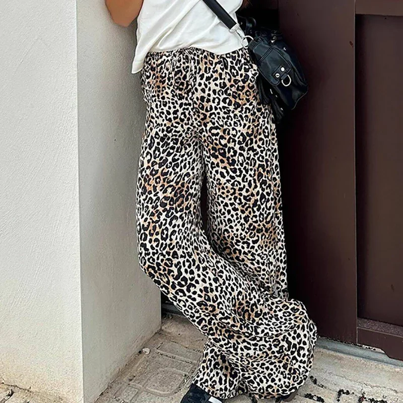 

2024 Leopard Print High Waist Bandage Sexy Loose Wide Leg Pants Summer Women Fashion Clothes Streetwear Party Vacation