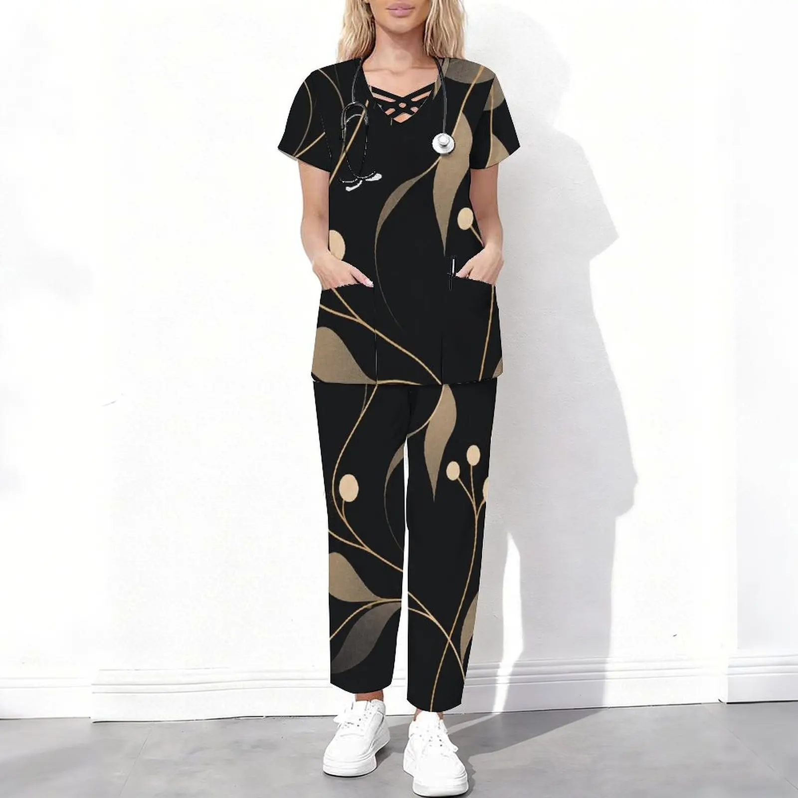 Women Abstract Gold Leaf Line Dotted Print Black Scrub Set Short Sleeve Cutout V Neck 2 Piece Pocket Top and Long Pants