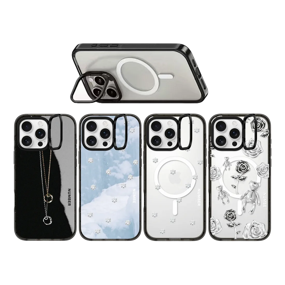 

Ring Necklace Pattern Camera Ring Stand Acrylic Border Magnetic Phone Cover for IPhone 14 15 16 17 Pro Max Case for IPhone 17Pro