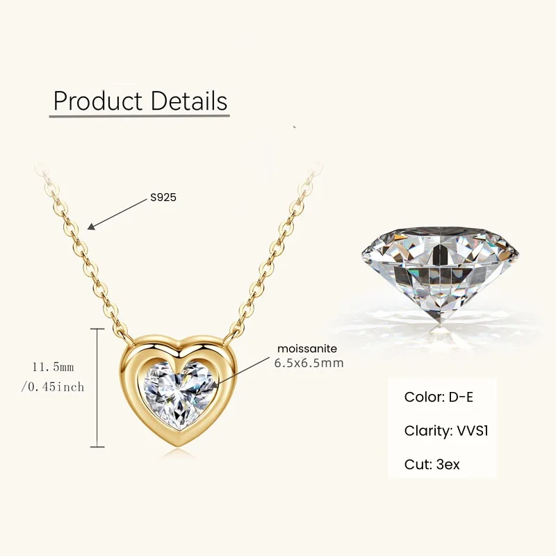 IOGOU 925 Sterling Silver Heart Shaped Pendant D Color 1CT Moissanite for Women Solitaire Diamond Love Wedding Fine Jewelry Gift