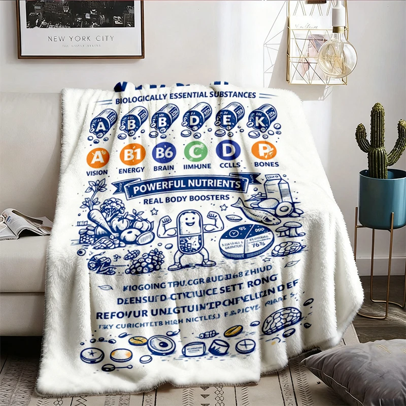 Vitamins Blueprint Vintage Science Flannel Blanket, Retro Biology Graphic Flannel Throw, Geek Gift