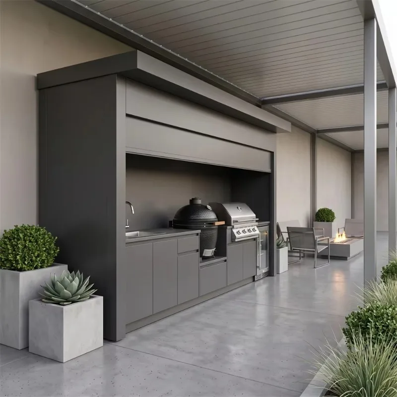 outdoor kitchen cabin with barbecue grill, rolling shutter door, antibacterial function, outdoor kitchen barbecue cabin