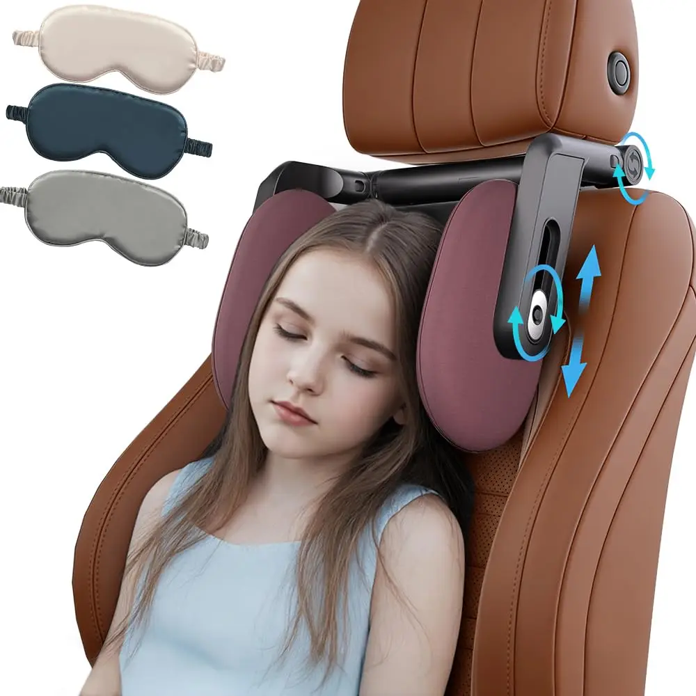

Adjustable 360° Rotating Car Headrest Pillow With Memory Foam And Ice Silk, Includes Eye Mask For Travel Neck Support