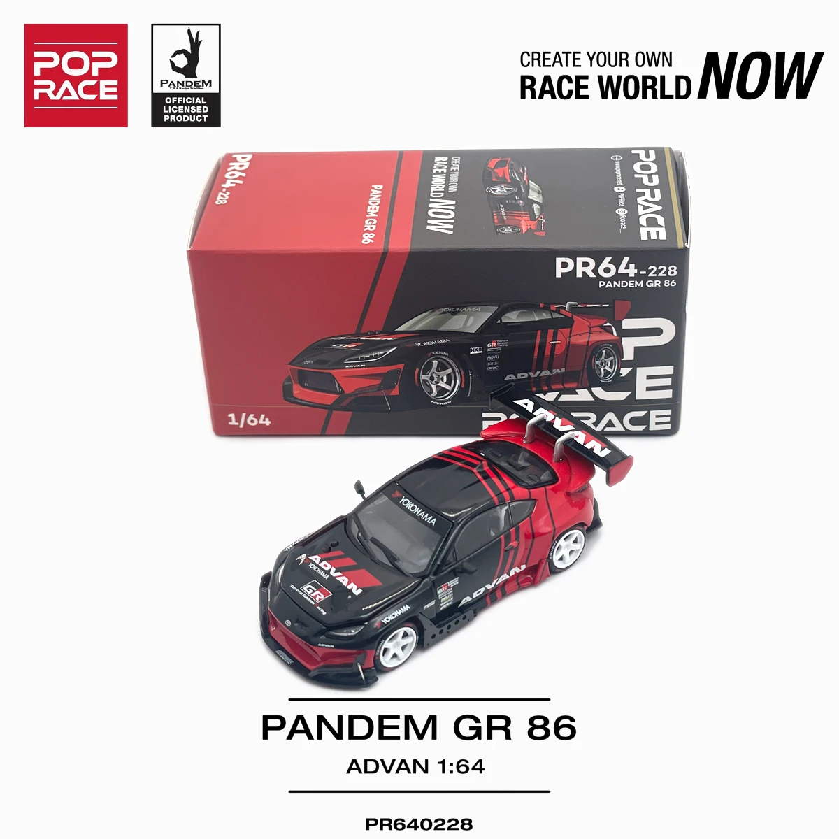 In Stock Ready To Ship Pop Race PR640228 1:64 Pandem Toyota GR86 Advan Black Red Widebody Open Hood JDM Diecast Model Car view 5