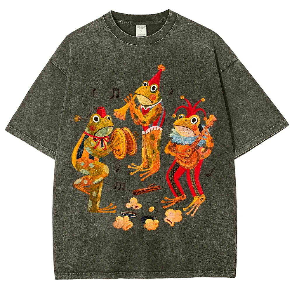 American Retro Frog Band Graphic T Shirt Women Summer Wash Vintage Oversized Cotton Short Sleeve Tops Streetwear