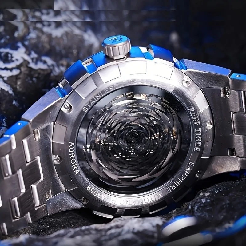 ساعة ميكانيكية أوتوماتيكية للرجال من REEF TIGER، ساعة رجالية عصرية مع قرص دوار وتصميم رواية