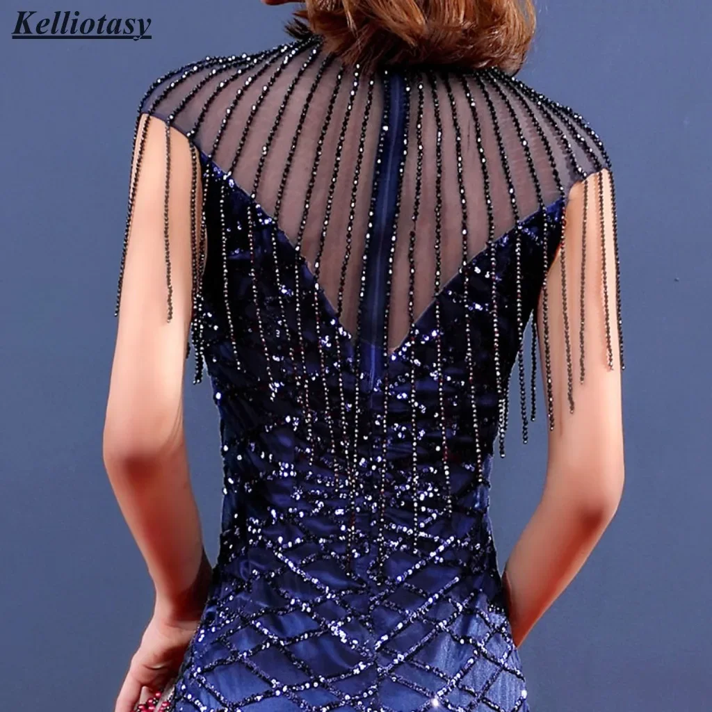 Evening Celebrity Dresses Mermaid High Collar Red Carpet Sexy Engagement Dress Navy Blue