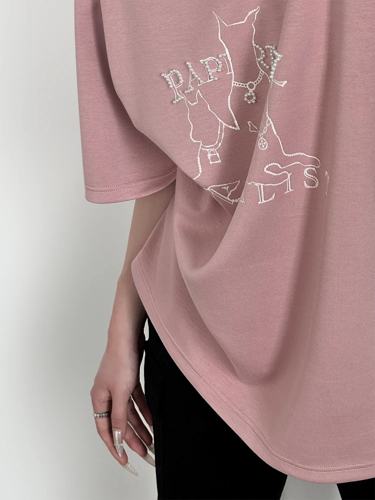 

PAPERLLL Heavy Embroidery American Logo T-irt Women Summer Loose Casual ort Sve round Ne Top Faion Sle