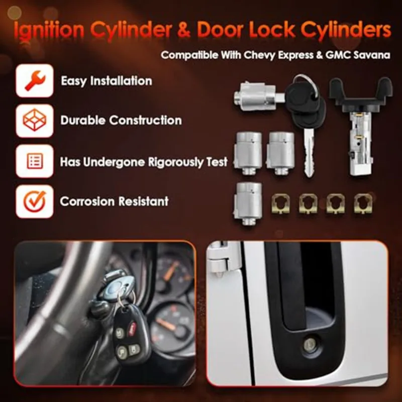 Ignition Switch Lock Cylinder & Four Door Lock Cylinders With 2 Keys For 2001-2007 Chevy Express 1500/2500/3500 704600,