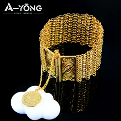 Luxury Algeria Bridal Wedding Cuff Bracelet 21k Gold Plated Nigeria Handmade Hand Chains Pulseras Mujer Turkish Bride Accessory