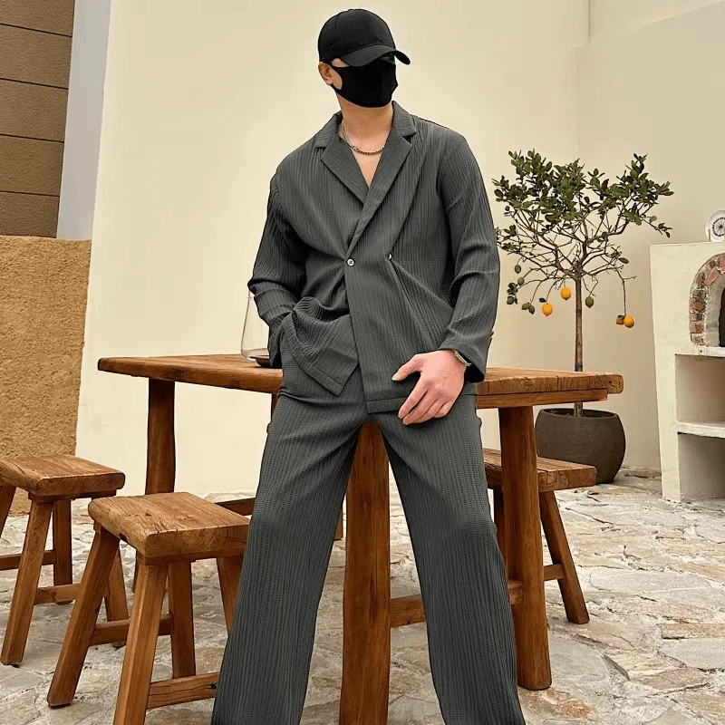 Costume deux pièces plissé à boutonnage fin pour hommes, style paresseux, version coréenne, tendance, printemps et été, 2024