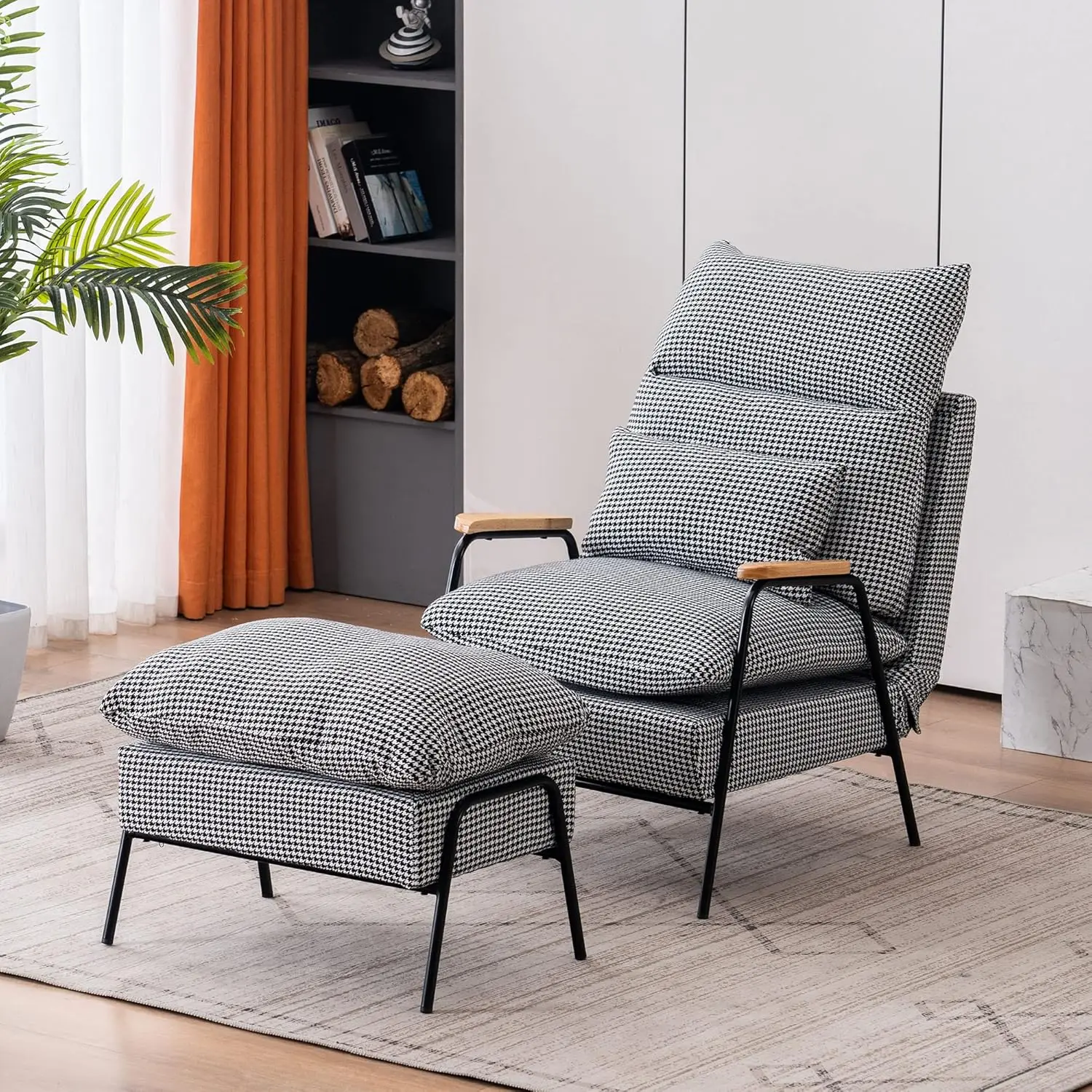 Modern Accent Recliner with Ottoman, Linen Fabric Armchair with Adjustable Backrest, Single Sofa Chair for Living Room