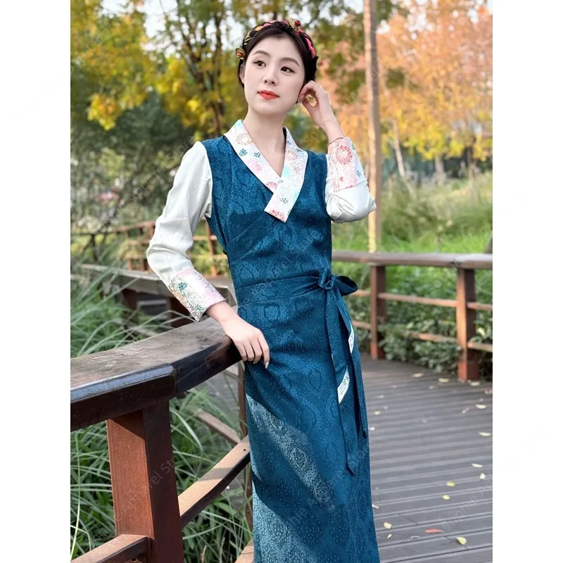 Spring Autumn Women's Traditional Tibetan Dress Ethnic Brocade Pattern Blue White Color-Block A-Line Folkloric Clothing