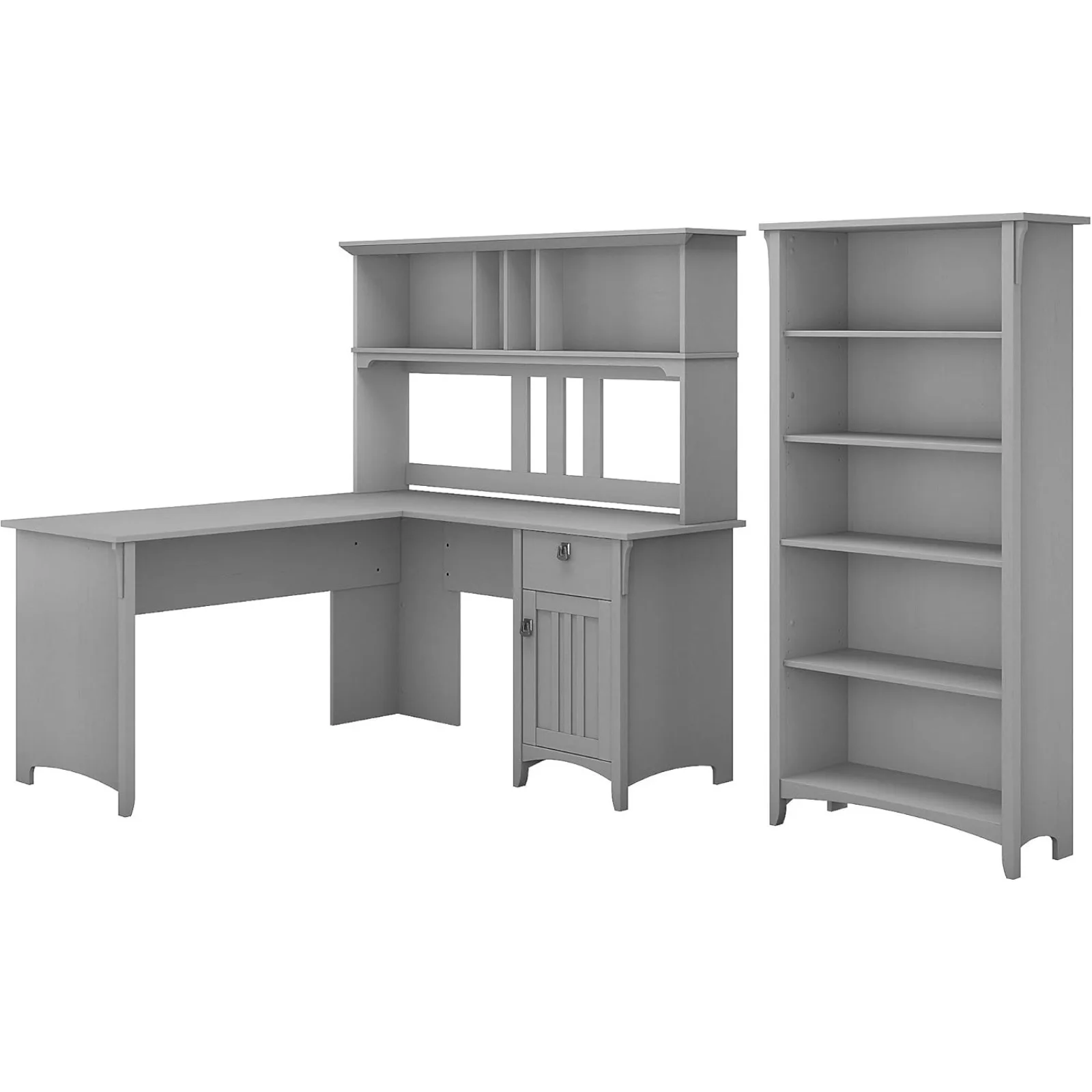 

US Bush Furniture Salinas 60W L Shaped Desk with Hutch and 5 Shelf Bookcase in Cape Cod Gray