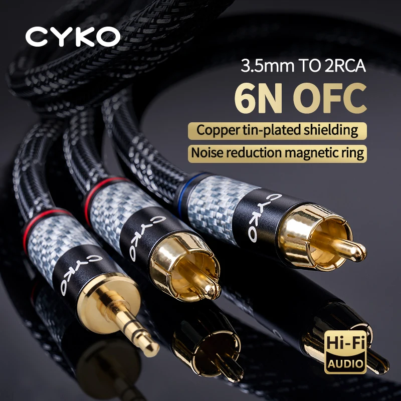 CYKO Hifi 6N OFC كابل الصوت 3.5 مللي متر إلى 2RCA الفاصل RCA جاك 3.5 كابلات Aux مطلية بالذهب التوصيل ذكر إلى ذكر لمكبر صوت الكمبيوتر