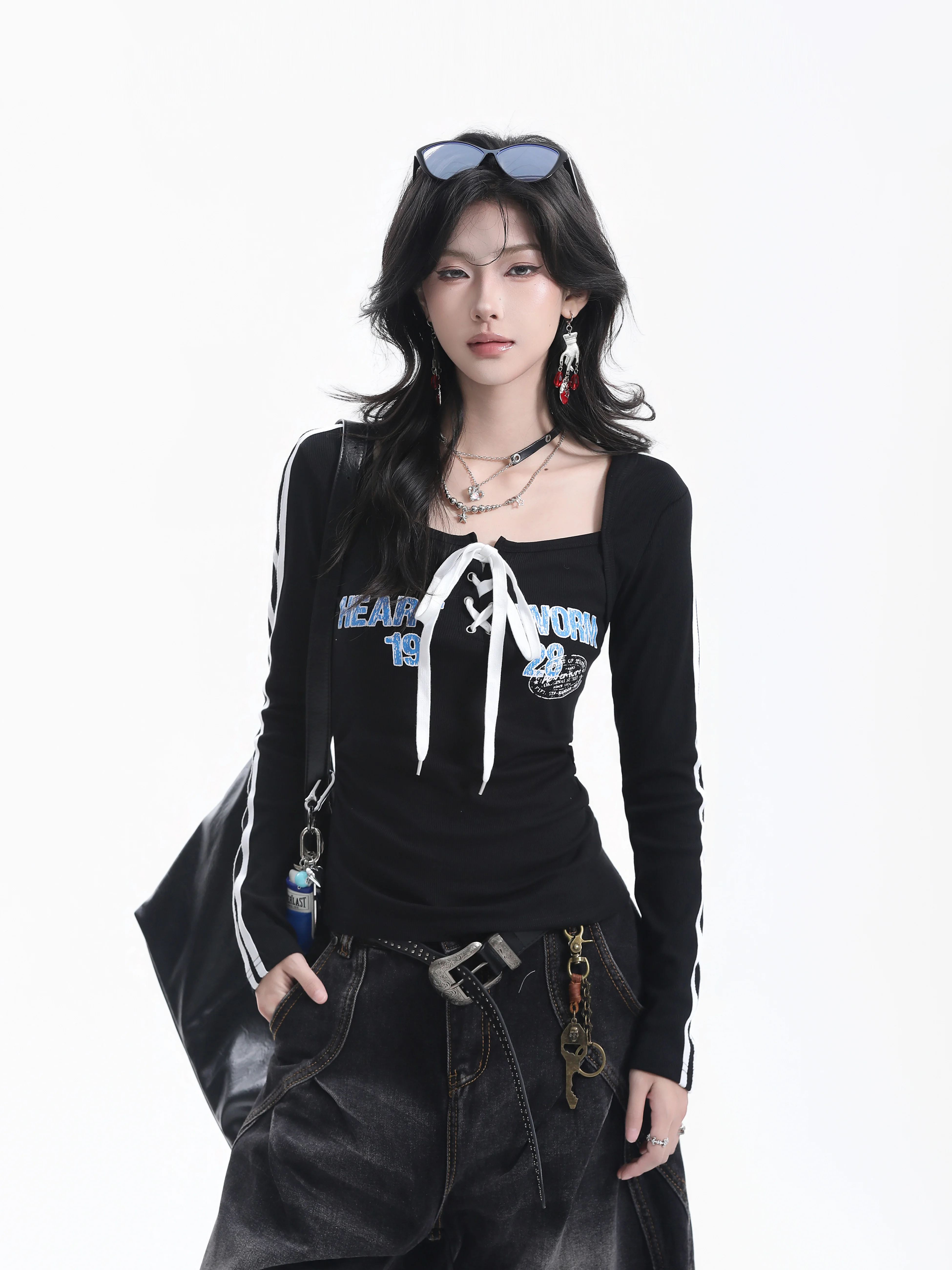 Slim Fit Long Sleeve T-Shirt Women's American Style Hot Girl Stripe Print Letter Binding Square Collar Casual Cotton Top