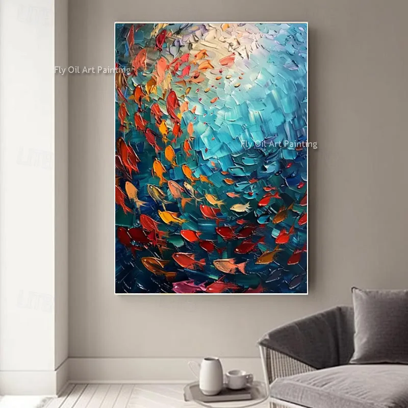Handmade Palette Knife Canvas Art, Vibrant Swimming Fish Undersea Painting, Modern Contemporary Vertical Entryway Wall Artwork
