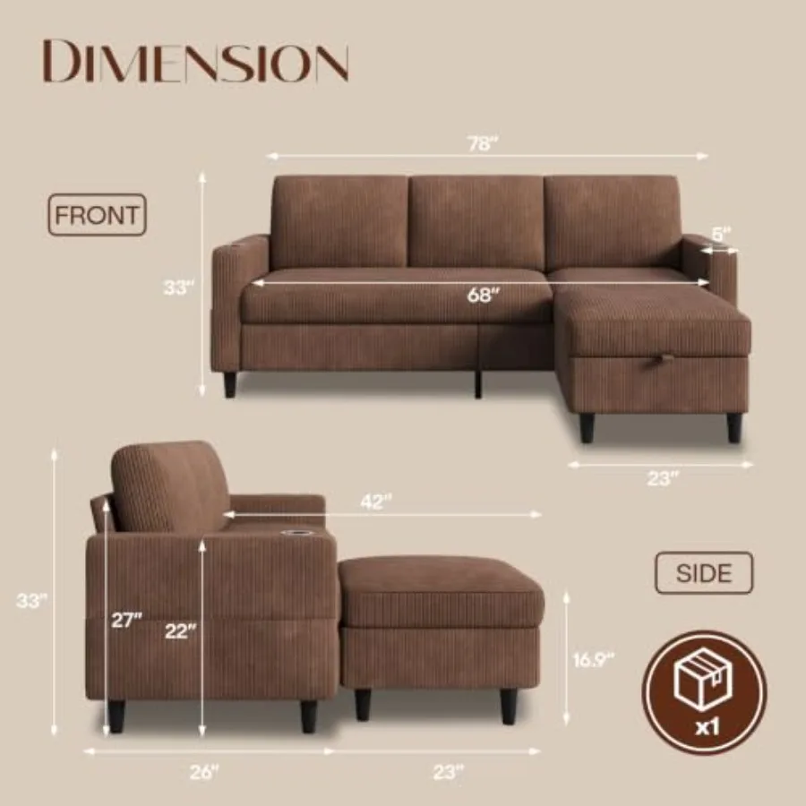 Convertible Sectional Couches for Living Room, 3 Seats L Shaped Sofa with Storage Ottoman and 2 Cup Holders, Modern Corduroy Co