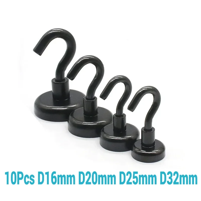 10 Pcs Heavy Duty Black Magent Hook Black Magnetic Hooks Strong D16mm D20mm D25mm D32mm Magnetic Hooks For Kitchen