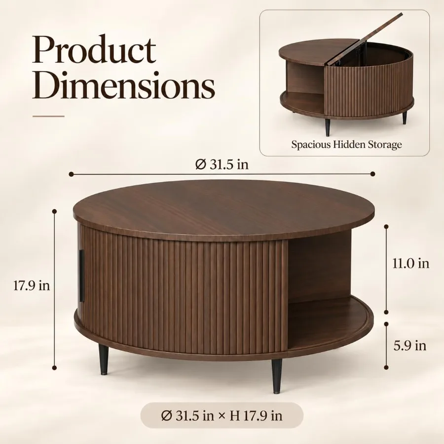 Mid Century Fluted Round Coffee Table for Living Room, Brown Wood, Warm Brown Finish, Elegant Vertical Grooves Design