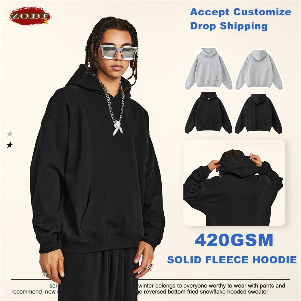 

ZODF Autumn Winter Men's Solid Fleece Hoodies Unisex Women Retro Basic Relax Fit Warm 420gsm Hooded Pullovers Coat HY0873