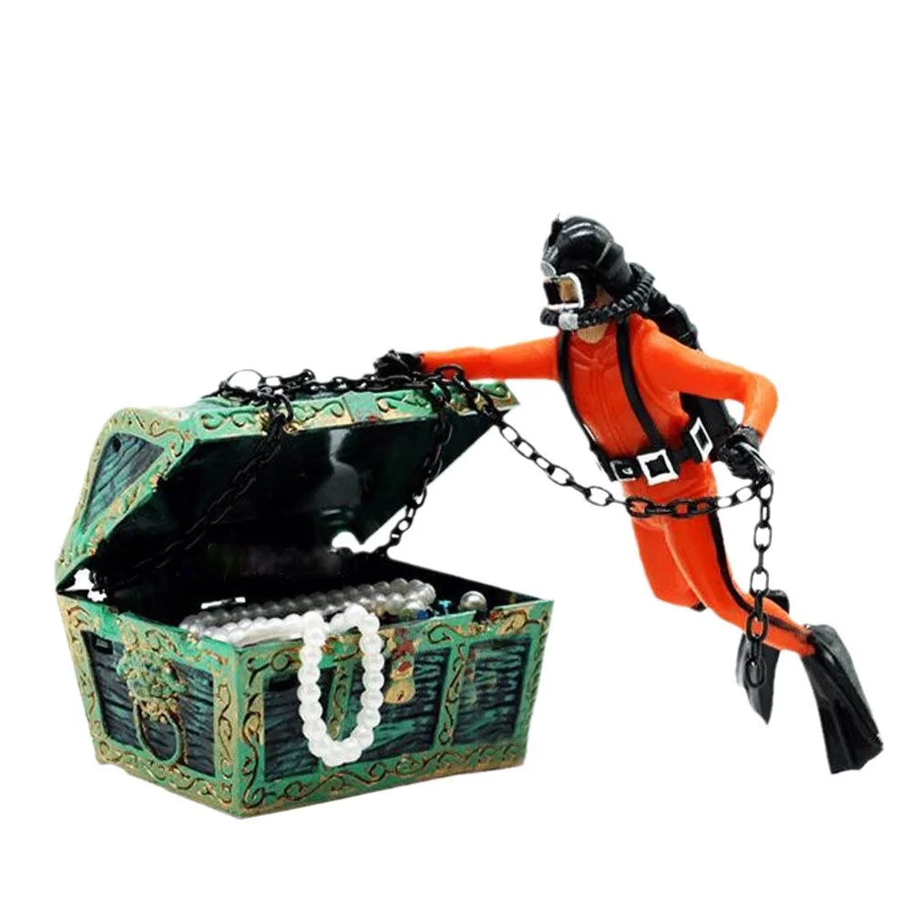 

Treasure Chest Hunter Diver Action Figure Fish Tank Ornament Air Bubbler Movement Aquarium Undersea Landscape Decorations