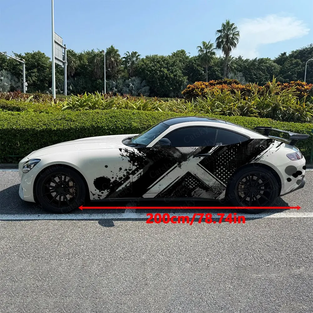 2pcs Black White Splatter X-Shaped Car Side Wraps, Self-Adhesive PVC Waterproof & Scratch-Resistant Stickers, Car Accessory Gift