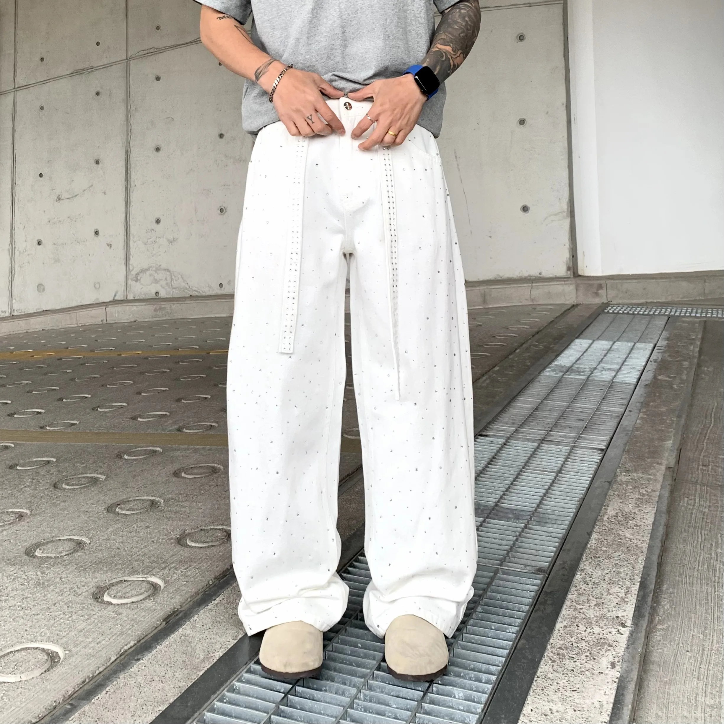 Men Streetwear Fashion Hip Hop Loose Casual Plus Size Denim Bright Diamond Wide Leg Baggy Jeans Pants Trousers